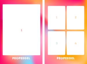 Peopeegli väljatrüki kaks näidist. Vasakpoolsel on kujutletud 1 foto väljatrüki näidist ja paremapoolselt kujutletud kollaaži näidist ning nelja foto asetumist.